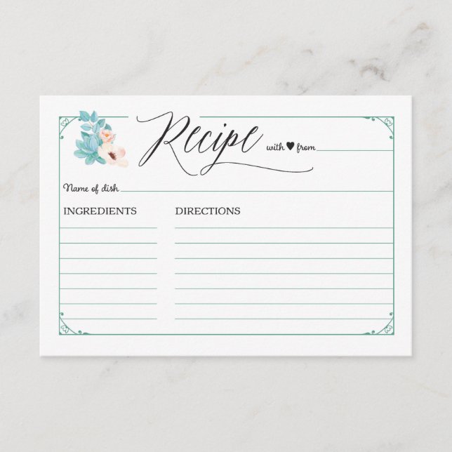 Cartões de Receita do Chá de casamento Floral Boho (Frente)