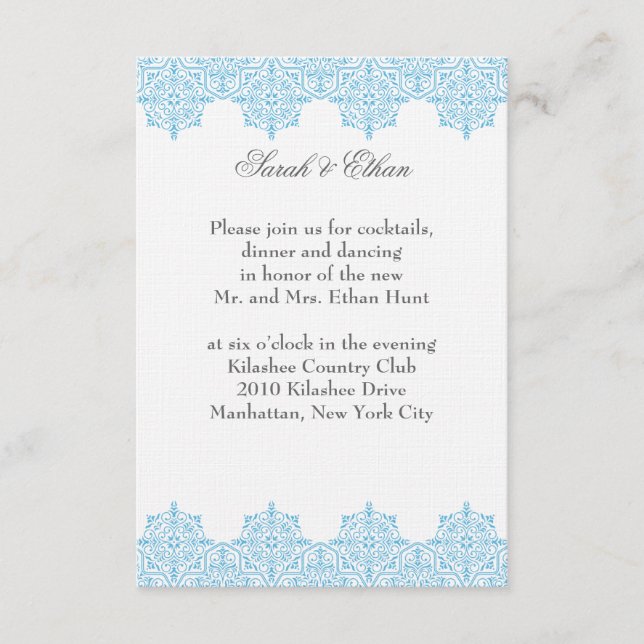 Cartões de Recepção de Casamento azul claro Damask (Frente)