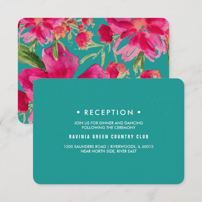 Cartões de Recepção de casamento Floral Turquoise  (Frente/Verso)
