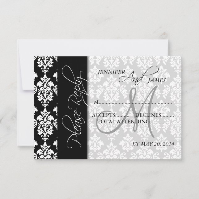 Cartões de Resposta de Casamento Black Damask 2 Mo (Frente)