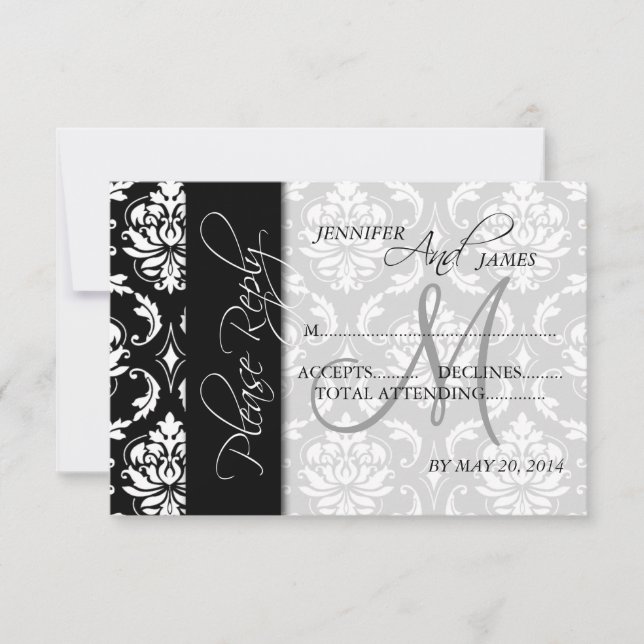 Cartões de Resposta de Casamento Black Damask Mono (Frente)