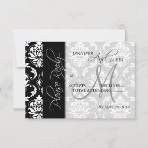 Cartões de Resposta de Casamento Black Damask Mono
