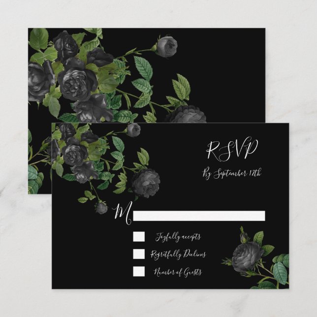 Cartões de resposta de casamento Floral Negro RSVP (Frente/Verso)