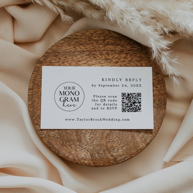 Cartões de Resposta de Casamento MEGHAN Monograma  (MEGHAN Monogram QR Black White Wedding RSVP Cards)