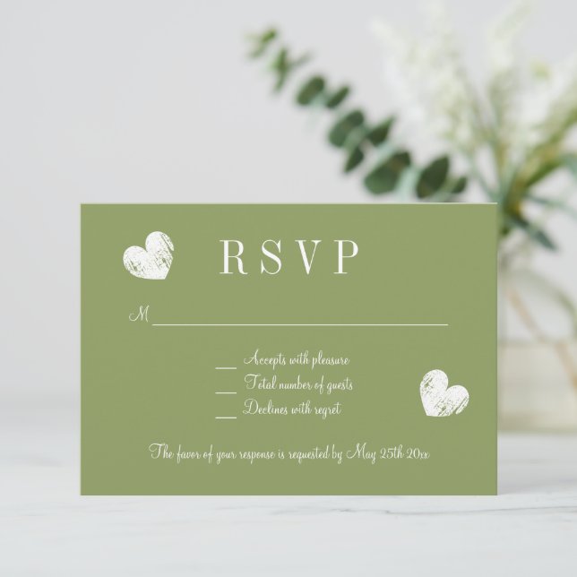 Cartões de resposta de casamento RSVP verde-musgo  (Em pé/Frente)