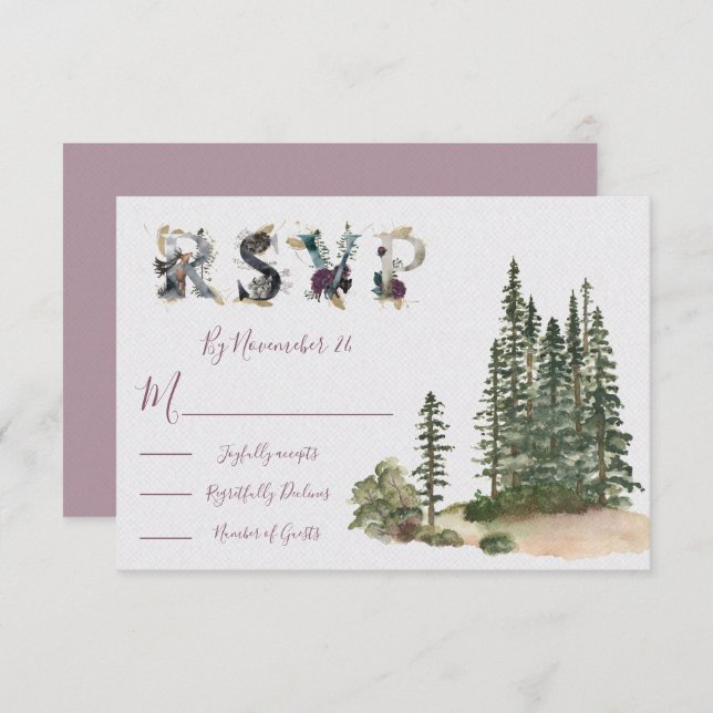 Cartões de resposta de Watercolor Woodland Wedding (Frente/Verso)