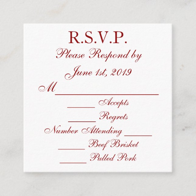 Cartões de Resposta RSVP Vermelho Escuro e Branco (Frente)