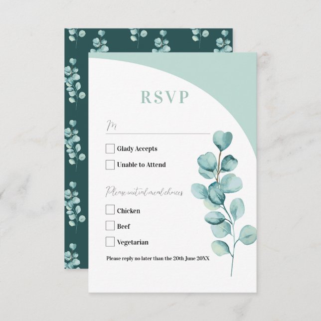 Cartões de RSVP Casamento Folhas de Eucalipto Verd (Frente/Verso)