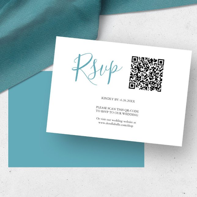 Cartões de RSVP com código QR Turquesa Azul (rsvp card examples QR code turquoise blue by Victoria Grigaliunas of Do Tell A Belle)