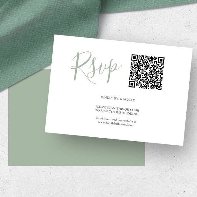 Cartões de RSVP com código QR Verde Sage (Wedding rsvp cards with qr-code sage green by Victoria Grigaliunas of Do Tell A Belle)