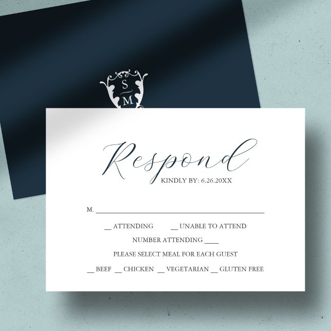 Cartões de RSVP com Monograma e Escolha de Refeiçã (custom monogram wedding rsvp card navy blue)