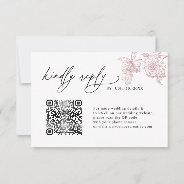 Cartões de RSVP de casamento com código QR rosa Vi (Frente)