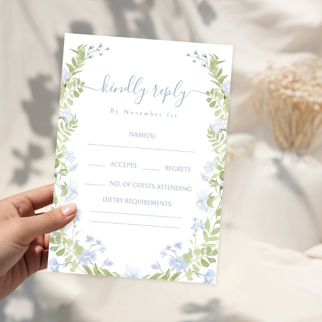Cartões de RSVP de casamento com flora verde azul  (Criador carregado)