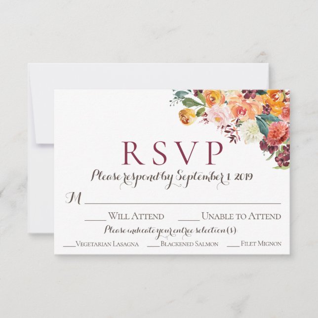 Cartões de RSVP de Casamento com Floral de Outono  (Frente)