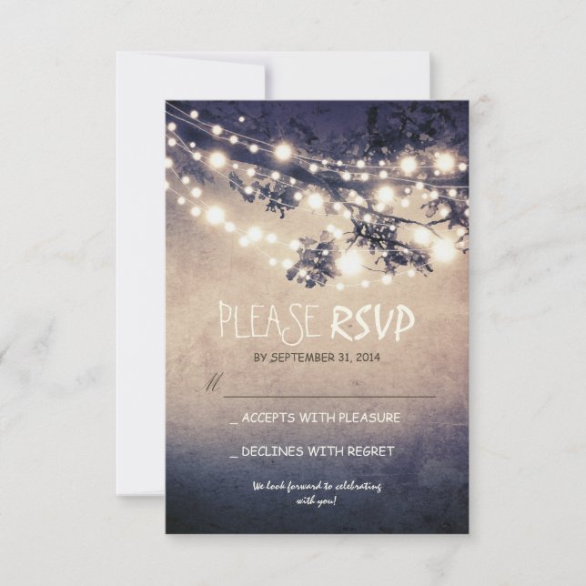 Cartões de RSVP de casamento com luzes rústicas (Frente)