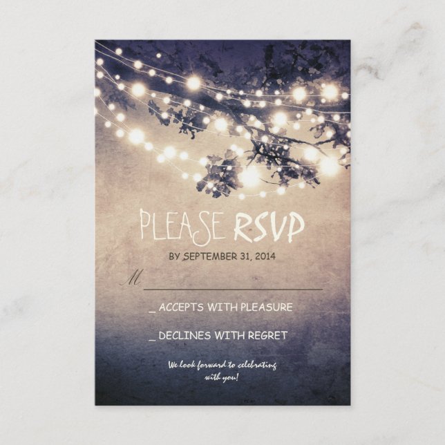 Cartões de RSVP de casamento com luzes rústicas (Frente)