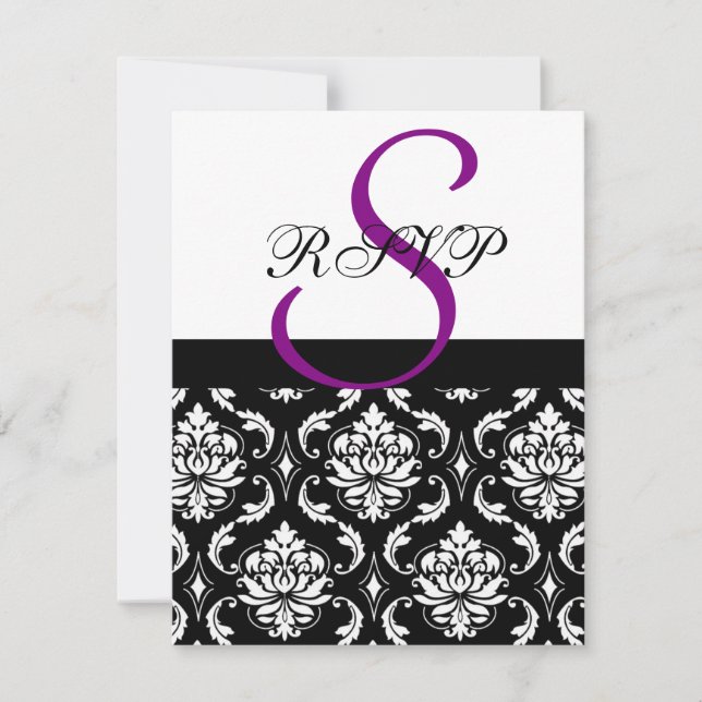 Cartões de RSVP de Casamento Damask Roxo (Frente)