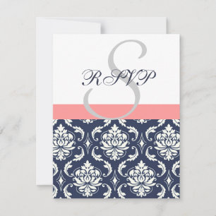 Cartões de RSVP de casamento em damasco azul marin