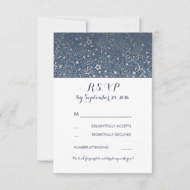 Cartões de RSVP de casamento navy florais prateado (Frente)