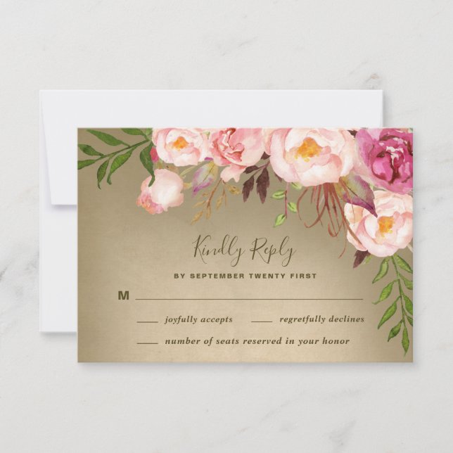 Cartões de RSVP de Casamento Vintage Peony Rustic  (Frente)