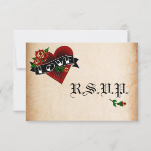 Cartões de RSVP de Coração e Rosa Tatuados para Ca