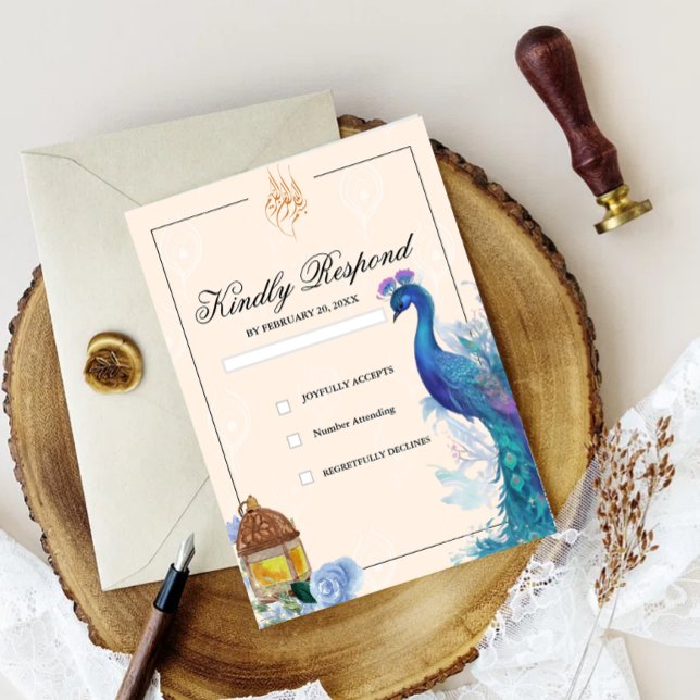 Cartões de RSVP de Pavão Árabe Muçulmano Ilustrado (illustrated peacock muslim rsvp wedding card)