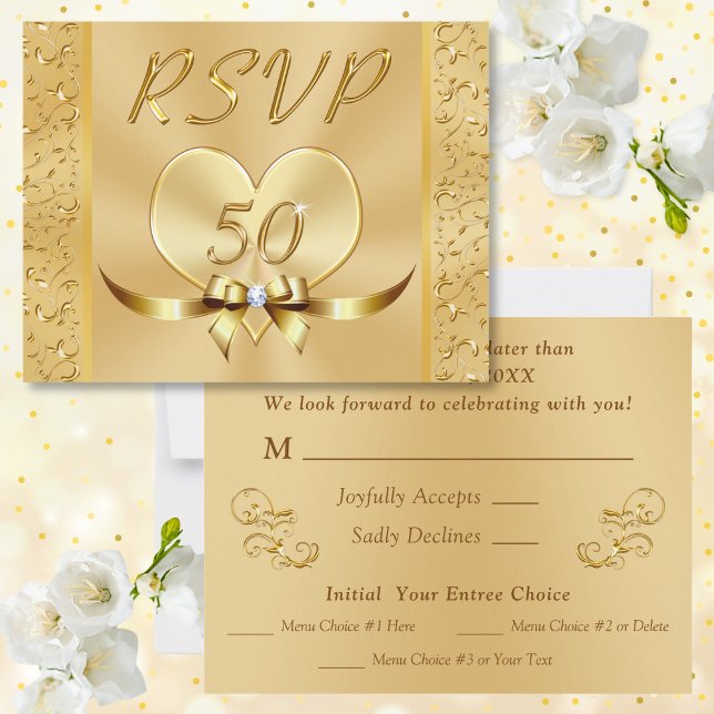 Cartões de RSVP dourados para aniversário de 50 an (RSVP Menu Cards. Response Cards for 50th wedding anniversary. 50th anniversary RSVP Cards. Menu RSVP)