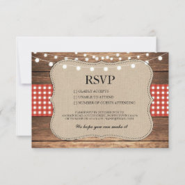 Cartões de RSVP em juta de casamento de madeira rú