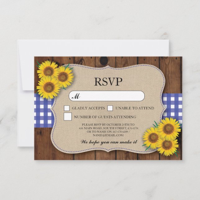 Cartões de RSVP em madeira burlap com xadrez azul  (Frente)