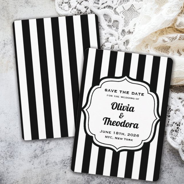 Cartões de Salvar a Data com Listras Modernas Vint (vintage modern black and white stripe save the date cards)