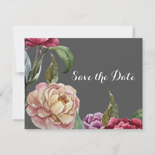 Cartões de Save the Date Florais Cinza e Roxo Boêm (Frente)