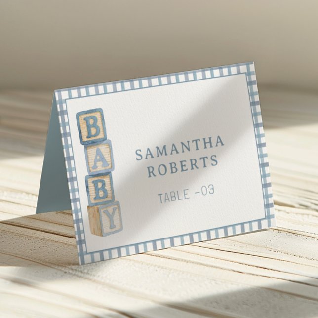 Cartões de Tenda Editáveis de Blocos de Bebê Azul  (Baby Shower Table Number)