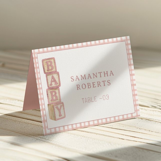 Cartões de Tenda Editáveis de Blocos de Bebê Rosa  (Baby Shower Table Number)