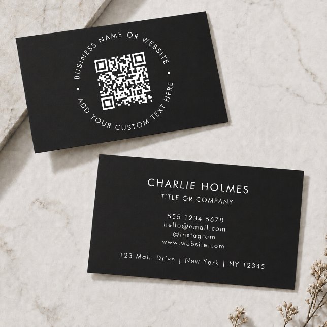 Cartões de Visita com QR Code | Cartão Preto Perso (Interactive editable QR code business cards to promote your business, products or services.)