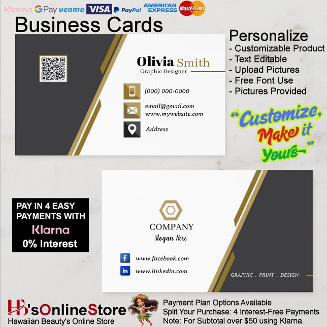 Cartões de Visita de Negócios Código QR Preto Dour (Black Gold & White QR Code Business Cards 33 Pack.)