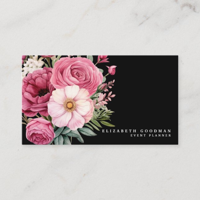 Cartões de Visita Elegantes Boho Rosa e Preto com  (Frente)