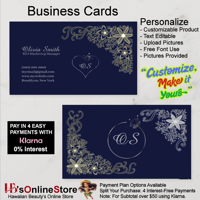 Cartões de Visita Elegantes Personalizáveis Navy F (Customizable Elegant Navy Floral Business Cards 9.)