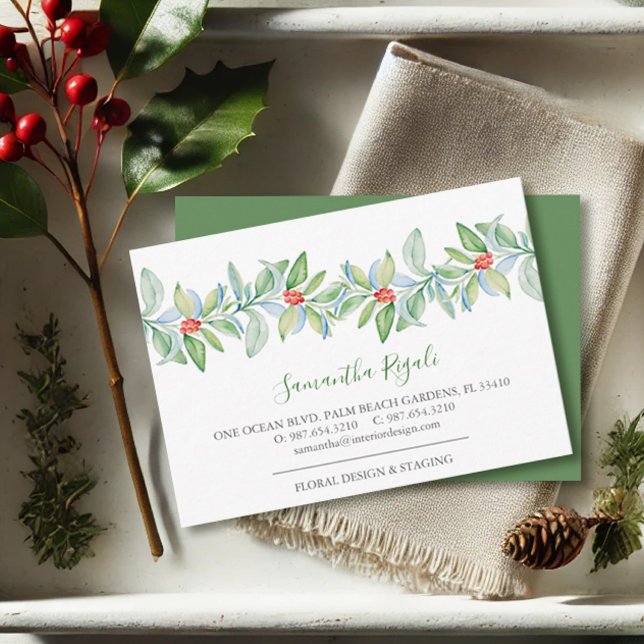 Cartões de Visita Folhas Verdes e Bagas Vermelhas (Christmas business cards watercolor red and green botanicals by Victoria Grigaliunas VG Invites)