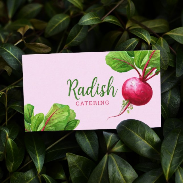 Cartões de Visita Modernos de Catering Rosa Cater  (Light pink business card featuring modern and dynamic radish watercolor illustrations.)