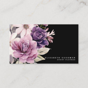 Cartões de Visita Pretos com Floral Roxo Premier