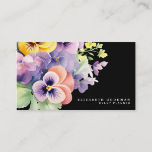 Cartões de Visita Pretos com Pansies Coloridas da
