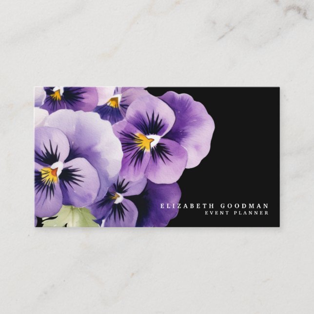 Cartões de Visita Pretos com Pansies Coloridas e E (Frente)