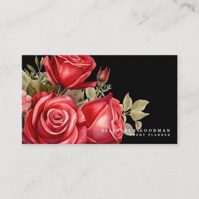 Cartões de Visita Pretos com Rosas Vermelhas Cláss (Frente)