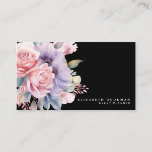 Cartões de Visita Pretos de Flores Doces Elegantes
