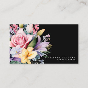 Cartões de Visita Pretos de Flores Doces Elegantes