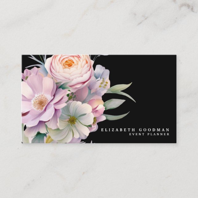 Cartões de Visita Pretos de Flores Doces Elegantes (Frente)