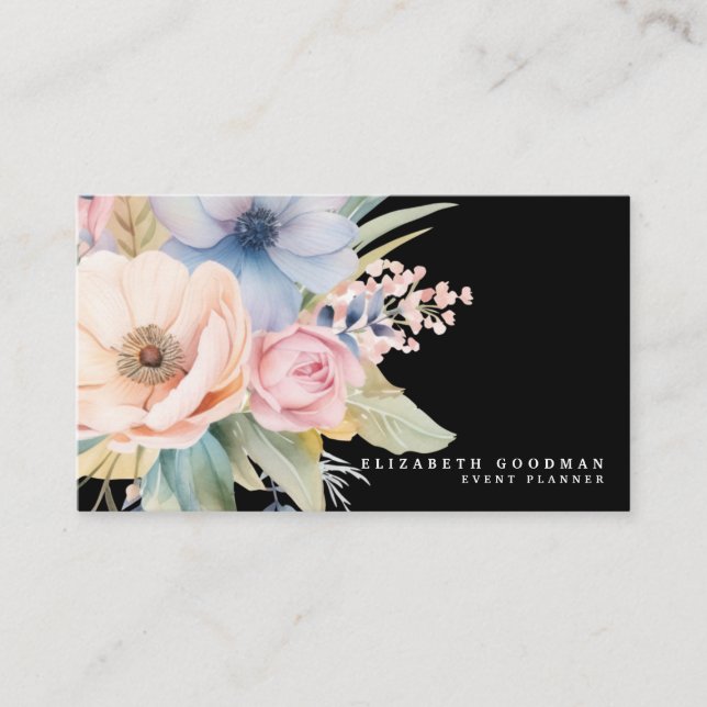 Cartões de Visita Pretos de Flores Doces Elegantes (Frente)