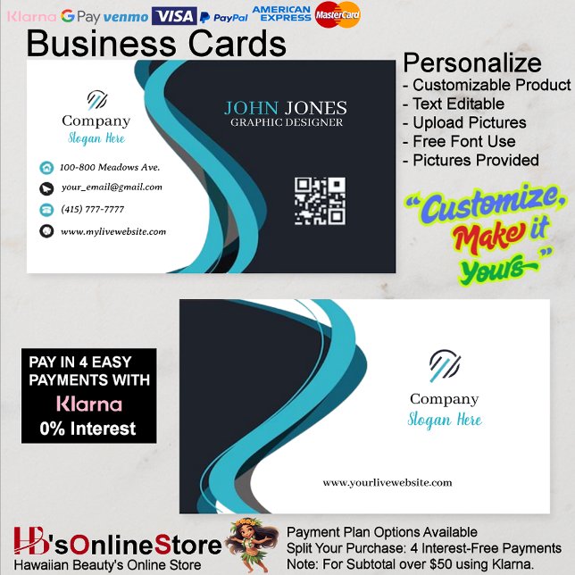 Cartões de visitas azuis e pretas 4 embalagens de  (Blue & Black Business Cards 4 Pack of 100)