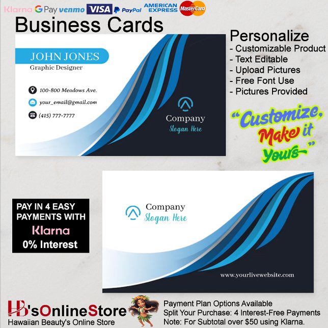 Cartões de visitas Azuis e Pretos - Pacote de 500 (Blue & Black Business Cards 5 Pack of 100.)