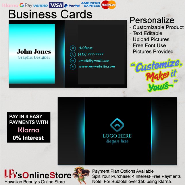 Cartões de visitas azuis pretas e neonárias, 16 em (Black & Neon Blue Business Cards 16 Pack of 100.)
